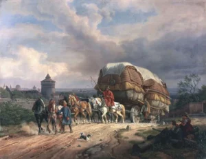 Klein, Johann Adam (1792 – 1875) JJJJ Ein siebenspänniger Frachtwagen die Anhöhe vor dem Neuentor in Nürnberg hinauffahrend