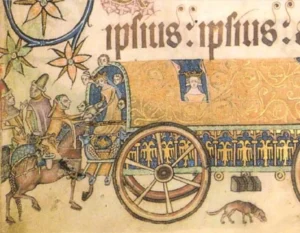 Bediensteter reicht adliger Dame in der Kutsche einen kleinen Schoßhund, unter der Kutsche ein weiterer kleiner Hund, Quelle: Luttrell Psalter, British Library, Add. Ms. 42130, fol. 181v