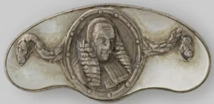 Plakette Silber mit Perlmutt, Vorderseite:
Hendrik Danielsz Hooft (1787 - 1794 ), Bürgermeister von Amsterdam und der Keeshond