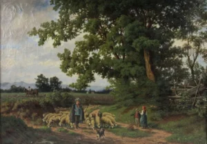 Kornbeck, Julius (1839-1920) Hirte mit Schafherde auf einem Feldweg.