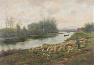 Kornbeck, Julius (1839-1920) Schäfer mit Herde am Neckar