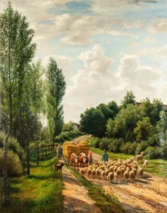 Kornbeck, Julius (1839-1920) Schafherde und Erntewagen begegnen sich