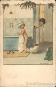 AK-SZ-Ebner, Pauline (1873-19 JJJJ Little Boy Spying on a Little Girl Taking a Bath 1928