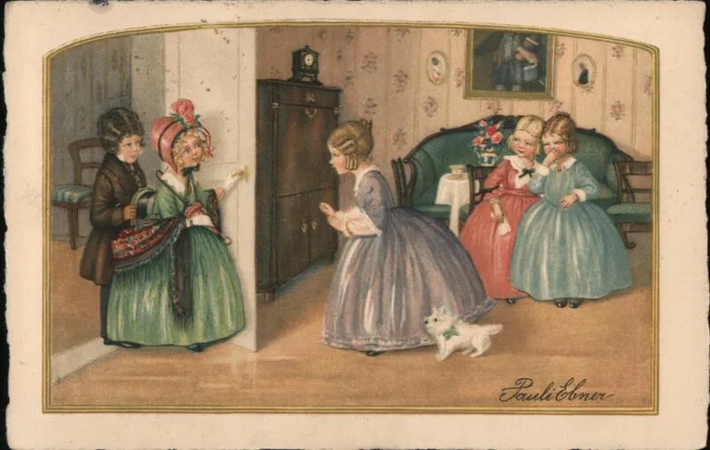 AK-SZ-Ebner, Pauline (1873-1949) JJJJ Children's Tea Party, Girl Arriving