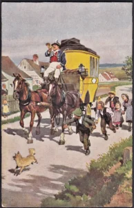 Künstler- Ansichtskarte von
Hey, Paul (1867 - 1952) 1922 Volksliederkarte 19, Trara, die Post ist da, Postkutsche