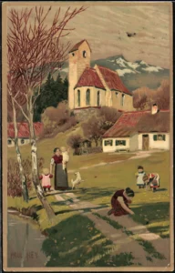 Künstler- Ansichtskarte von
Hey, Paul (1867 - 1952) JJJJ Kinder pflücken Blumen auf dem Anger