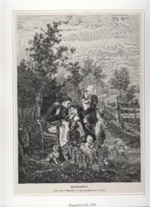 Adam, Emil Franz (1843 - 1924) 1882 Die Märchenerzählerin, Stich aus  ,,Die Gartenlaube'', (mit Rahmen)