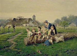 Beinke, Fritz (1842 – 1907) JJJJ Auf Baumstamm spielende Kinder mit Hund und der wachsamen Mutter, signiert