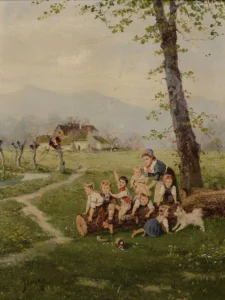 Beinke, Fritz (1842 – 1907) JJJJ Mutter mit spielenden Kindern auf einem Baumstumpf