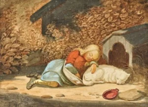 Boettcher, Christian Eduard (1818 – 1889), 1860 – 1869, Schlafendes Mädchen und schlafender Hund vor Hundehütte