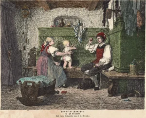 Boettcher, Christian Eduard (1818 - 1889) 1866 Glückliche Menschen in der Hütte, Kolorierter Holzstich