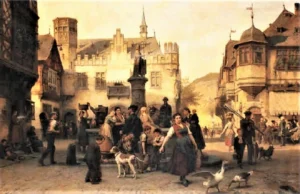 Boettcher, Christian Eduard (1818 – 1889), 1870 Am Marktbrunnen einer rheinischen Stadt