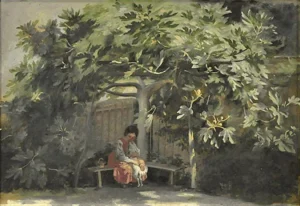 Boettcher, Christian Eduard (1818 – 1889), JJJJ, Mädchen mit Hund in einer sonnendurchluteten Gartenecke