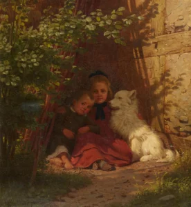 Boettcher, Christian Eduard (1818 – 1889), JJJJ, Zwei Kinder sitzen mit einem Hund im Schatten