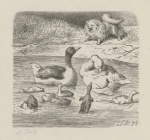 Bürkner,Hugo Leopold Friedrich Heinrich (1818 - 1897) 1873 Ein Hund bellt eine schwimmende Entenfamilie an