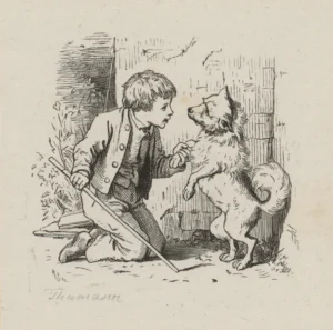 Bürkner,Hugo Leopold Friedrich Heinrich (1818 - 1897) 1894 (vor) Ein Junge spielt mit einem Hund, nach Paul Thumann (1834 - 1908)