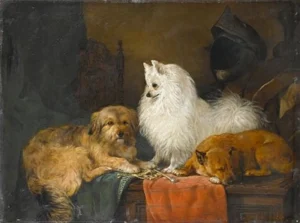 Charlton, John (1849 - 1917) 1870 Ein Spitz mit anderen Hunden auf einer Truhe, signiert und datiert