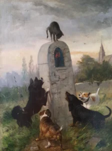 Deiker, Carl Friedrich (1836 – 1892) JJJJ Katz und Hund und der himmlische Beistand