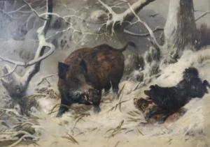 Deiker, Carl Friedrich (1836 – 1892) JJJJ Keilerjagd mit Hunden