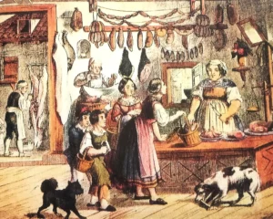 Dertinger, Ernst (1816 - 1865) JJJJ Fleischmarkt, Kupferstich, koloriert