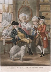 Dighton der Ältere, Robert (ca. 1751–1814) 1782 A Mornung Ramble – or the Milliners Shop, Publiziert von Carington Bowles, The Trustees of the British Museum