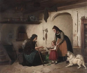 Dircks, Martin August (1806 – 1871) 1867 Interieur mit Bauernfamilie und Hund