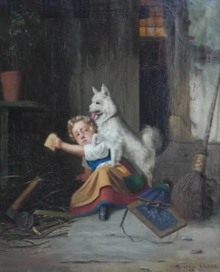 Ebert, Anton (1845 – 1896) 1876 Mädchen mit Brotscheibe und Spitz