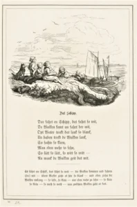 Gaber-August-1823-1894-1858-Fuenf-Kinder-und-Hund-an-der-See-Illustration-zu-Dat-Schipp-nach-Ludwig-Richter