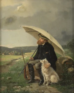 Gehrich, Hermann (vor 1850 – nach 1885) JJJJ (ca.) Maler mit Hund bei Regenwetter
