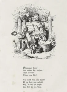 Gocht-Hermann-1832-1867-1866-gezeichnet-Spielende-Kinder-am-Zaun-und-kleiner-Hund-Illustration-zum-Gedicht-Gehorsamer-Diener.-1875-gedruckt