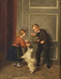 Heimerdinger, Friedrich JJJJ Geschwisterpaar mit Geschenken und Hund