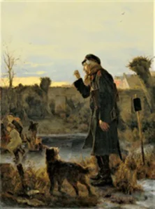 Hiddemann, Friedrich Peter (1829 – 1892) JJJJ Ein alter Veteran einer Schar Kinder auf dem Eis drohend