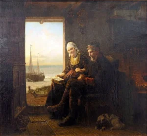 Jordan, Rudolf (1819 – 1887) 1873 Interieur mit älterem Ehepaar und Aussicht auf das Meer, Albert König Museum