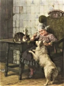 Mücke, Karl Emil (1847 - 1923) JJJJ Holländermädchen mit Hund und Katze in der Stube