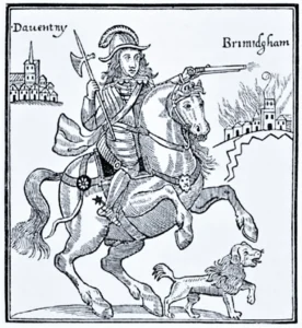 NNNN 1643 Flugblatt ,,Die grausamen Praktiken des Prinzen Rupert'' (1643), Ruprecht von der Pfalz in Begleitung seines Hundes Boye bei der Zerstörung Birminghams vo