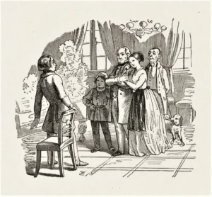 NNNN, 1849 Ludwig Schlösser, vom Flügel aufgesprungen, vor der Familie Wendel – Illustr. zu ,,Wie´s in den Wald schallt, so schallt´s heraus, in ,,Spinnstube 1849