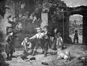 Nach der Schule prügeln sich die Jungen auf Schulhof, ca. 1880, Holzschnitt nach Böker