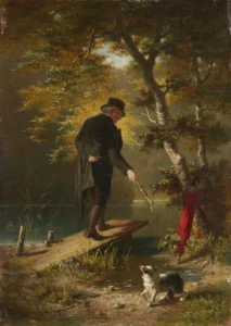 Naumann, Carl Georg (1827 – 1902) 1881 Spaziergänger mit Hund am Weiher
