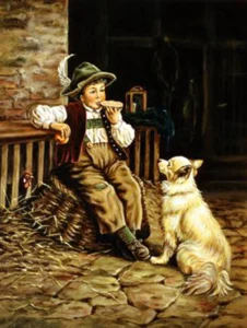 Niebert, Burkhard JJJJ Knabe beim Vespern mit bettelndem Hund und Hahn im Verschlag