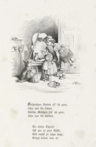 Oertel-Kaspar-Erhardt-1875-Maedchen-isst-seine-Speise-seine-Schwester-und-ein-Hund-schauen-zu-Illustration-zu-Geschnittene-Nudeln-ess-ich-gern