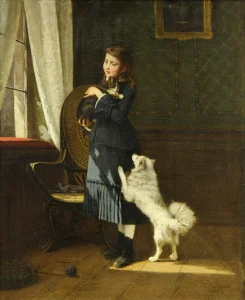 Plathner, Hermann (1831 – 1902) 1881 Portrait of a Young Girl with a Cat and Dog