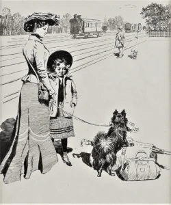 Pock, Alexander 1907 Am Bahnhof, Entwurf für die ,,Meggendorfer Blätter‘‘ Nr. 860