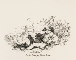 Richter, Adrian Ludwig (1803 - 1884) 1844 Wanderer mit Hund unter dem Strauche, Illustration zu ,,Scheiden'und 1851 zu ,,Alte und Neue Studentenlieder''