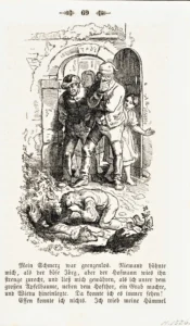 Richter, Adrian Ludwig (1803 - 1884) 1849 Illustration zu ,,Der arme Scheerenschleifersjunge'', aus Spinnstube 1873, Erstdruck 1849, mit Text