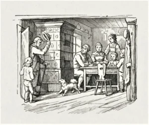 Richter, Adrian Ludwig (1803 - 1884) 1852 Vetter Gottfried betritt grüßend das Familienzimmer – Illustration zu ,,Die Auswanderer nach Amerika'' (aus Schmiedjakob I)