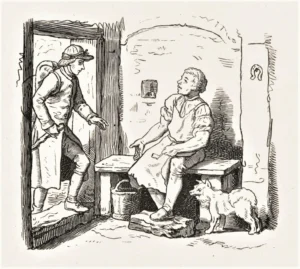 Richter, Adrian Ludwig (1803 - 1884) 1854 Schneider und Hufschmiedgeselle – Illustration zu ,,Die zwei Freunde'', in ,,Spinnstube''