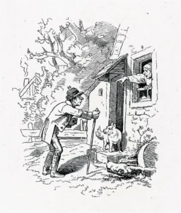 Richter, Adrian Ludwig (1803 - 1884) 1855 Hanjost verscheucht den Schleicher Illustration zu ,,Der Schleicher'' (aus Spinnstube 1856), 1874, Erstdruck 1856