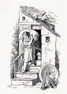Richter, Adrian Ludwig (1803 - 1884) 1855  Irmel trägt einen Mehlsack, Illustration zu ,,Der Schleicher'', aus Spinnstube 1874, Erstdruck 1856