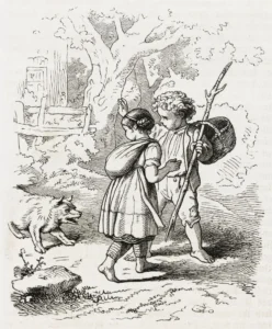 Richter-Adrian-Ludwig-1803-1884-1855-Irmel-und-Gottlieb-werden-beim-Betteln-vom-Hund-vertrieben-–-Illustration-zu-Der-Schleicher-aus-Spinnstube-1856