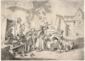 Richter, Adrian Ludwig (1803 - 1884) 1855 Puppenspieler - ,,Kunst bringt Gunst'', Radierung